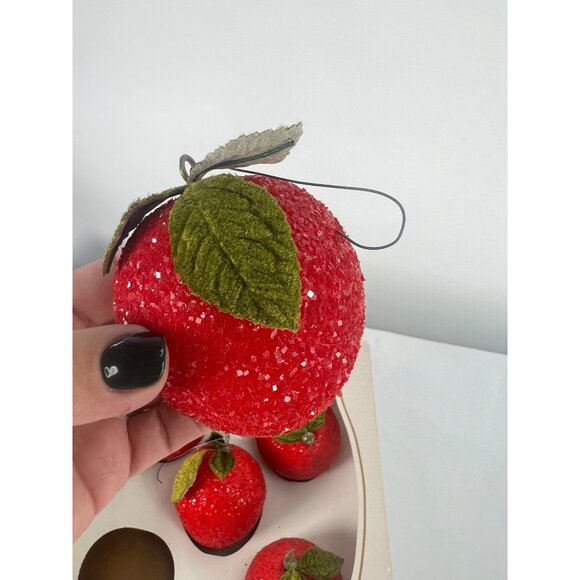 Set Of 5 Pyramid Red Crystal Sugar Apple Christmas Ornaments With Green Leaves - Picture 2 of 3